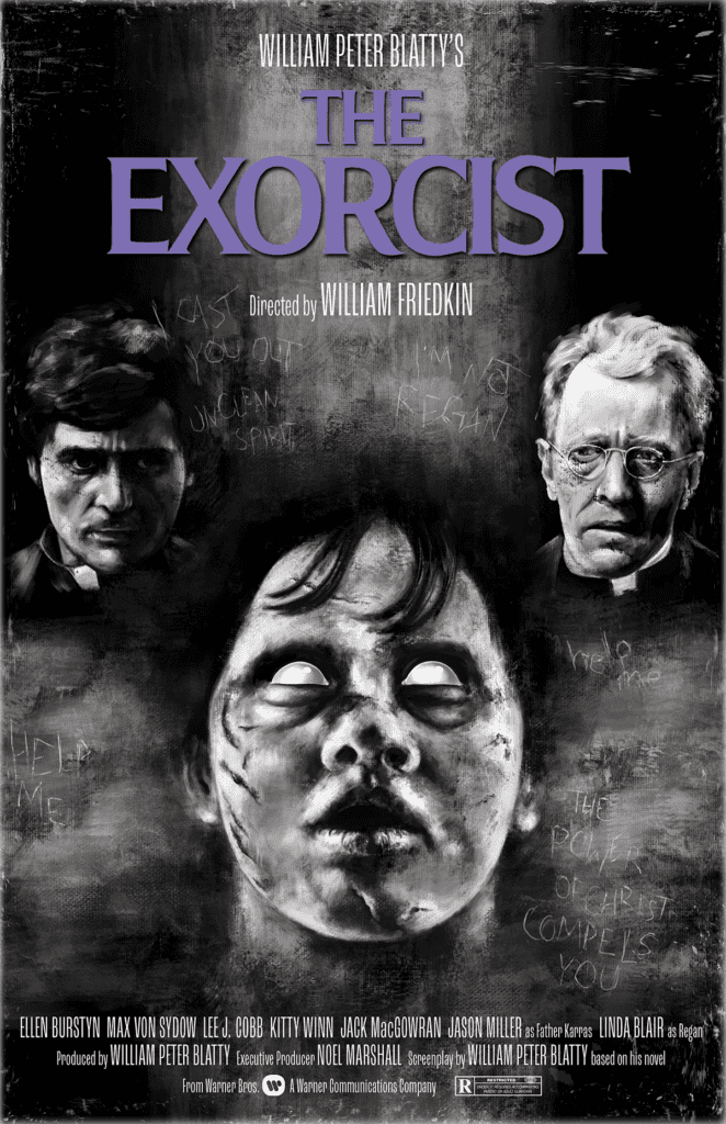 Poster design of characters from The Exorcist on upside down cross