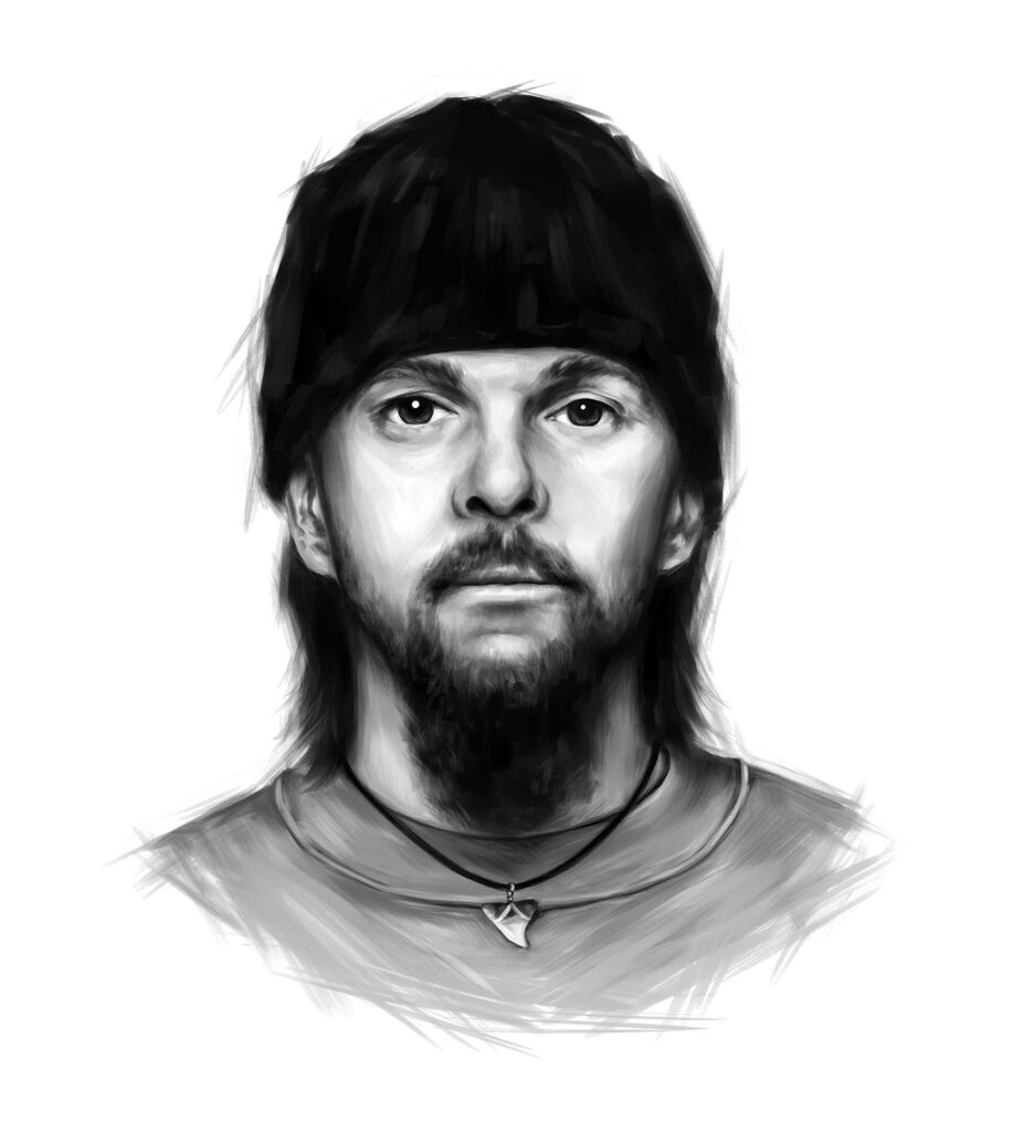 Black and white digital portrait of Robbie Merrill of the band Godsmack