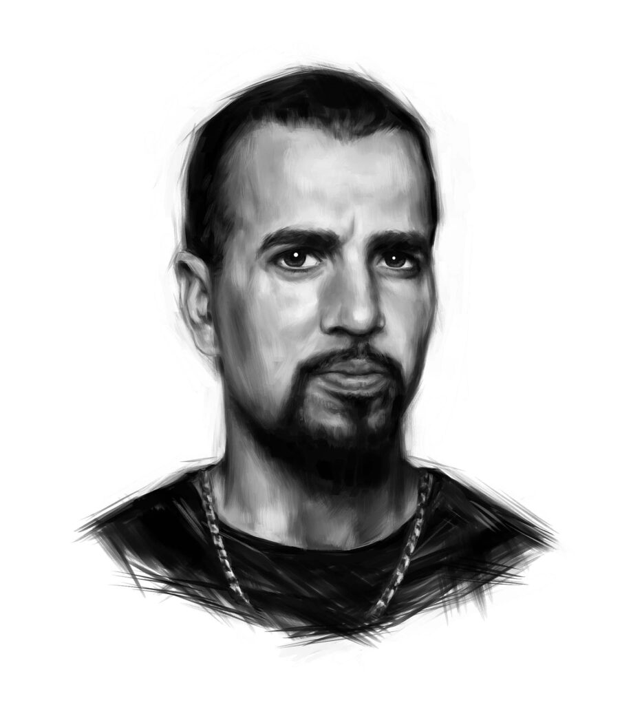 Black and white digital portrait of Tony Rombola of the band Godsmack