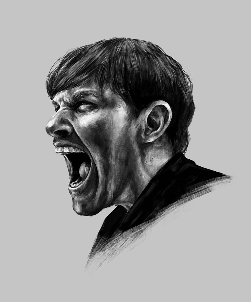 Black and white digital portrait of Brent Smith from the band Shinedown