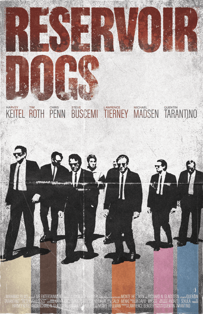 Poster design of men from Reservoir Dogs on colourful grunge background
